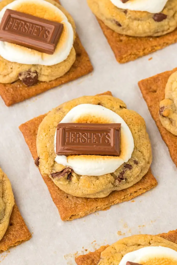S'more chocolate chip cookie on a parchment lined baking sheet