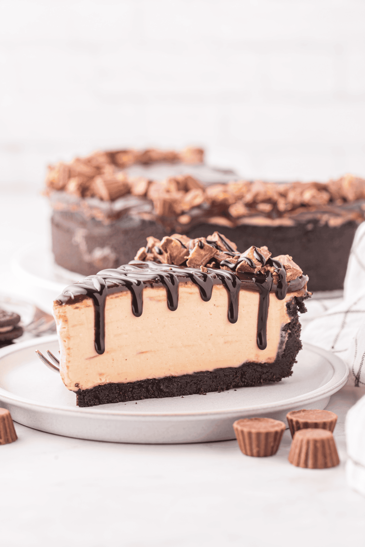 slice of no bake peanut butter cheesecake on a plate
