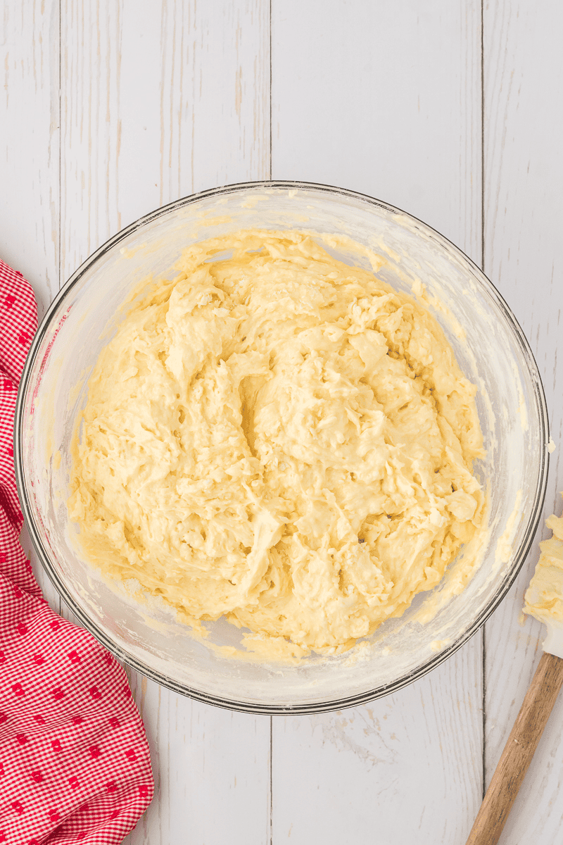 strawberry pound cake batter in bowl without strawberries added