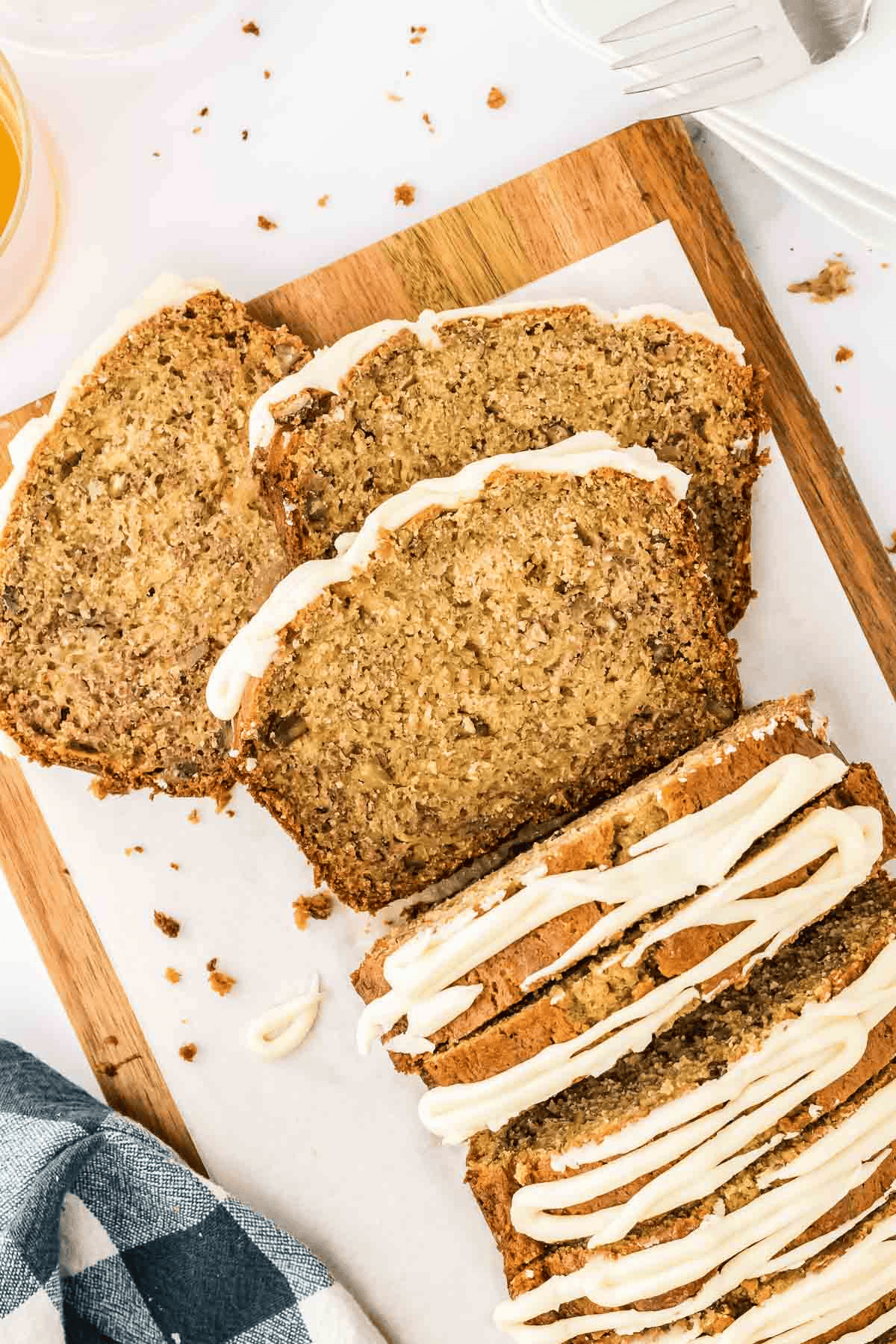bourbon banana loaf sliced on cutting board
