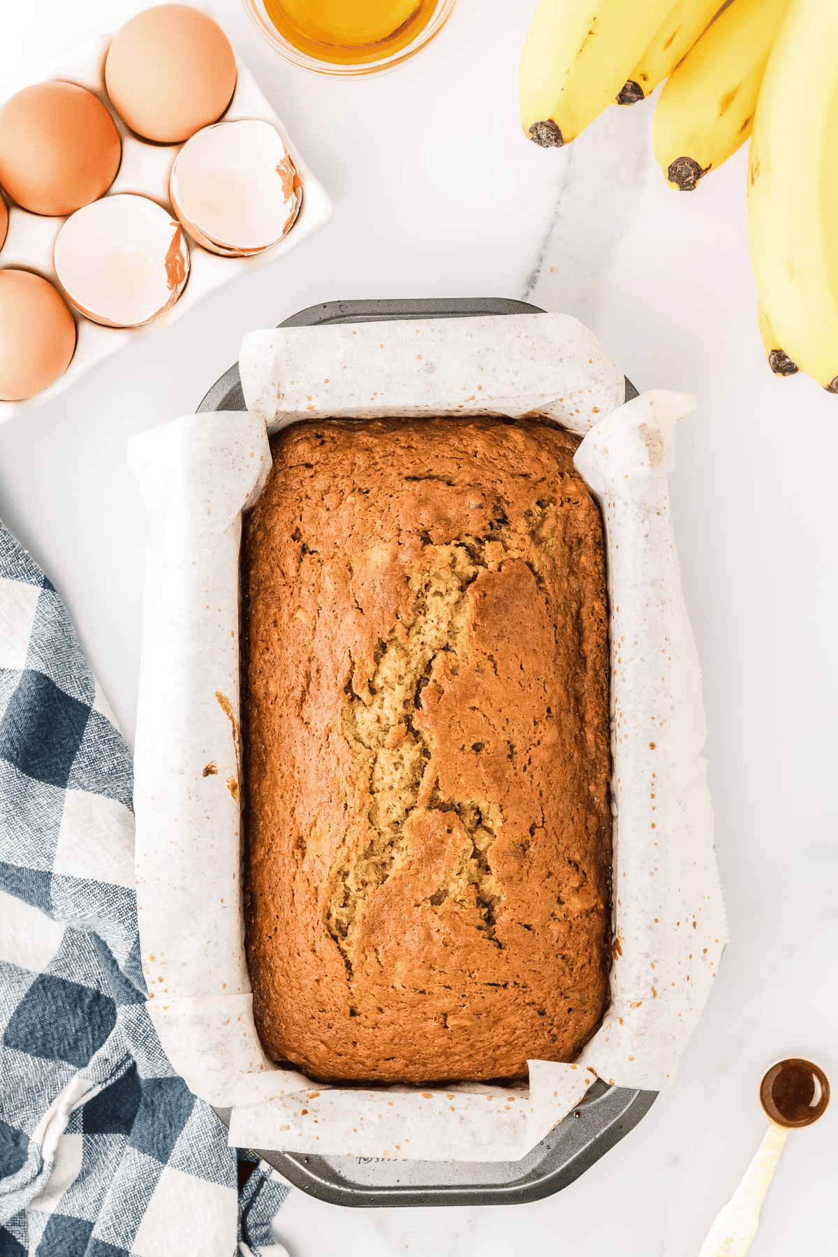 baked bourbon banana bread in pan