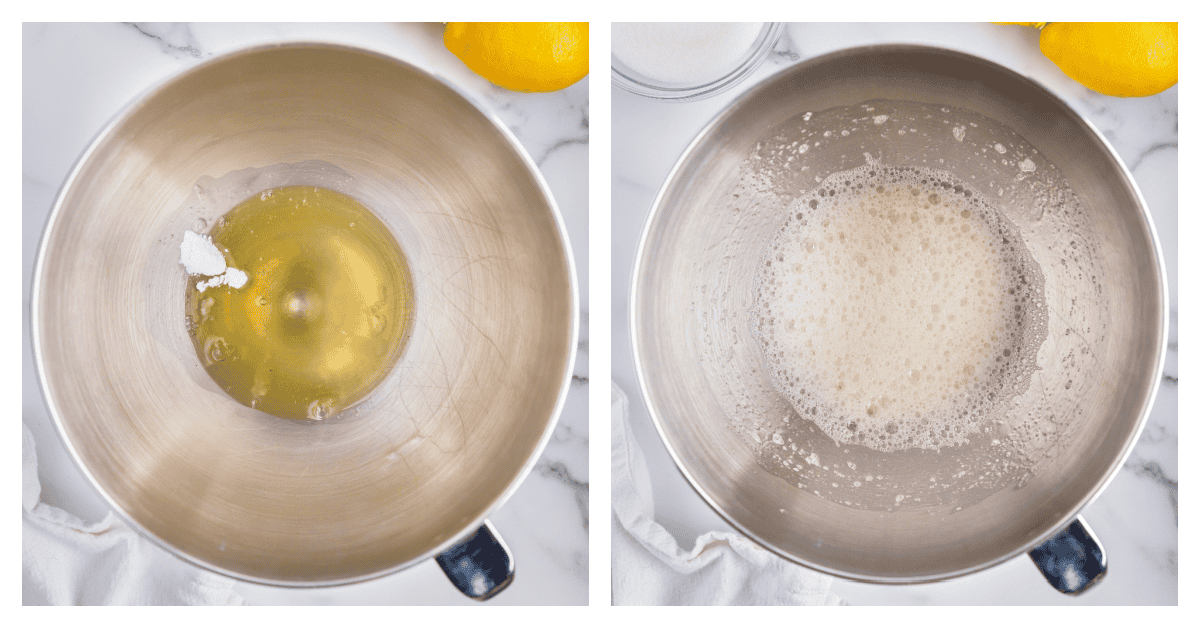 two photos of egg whites and cream of tartar whipped and unmixed