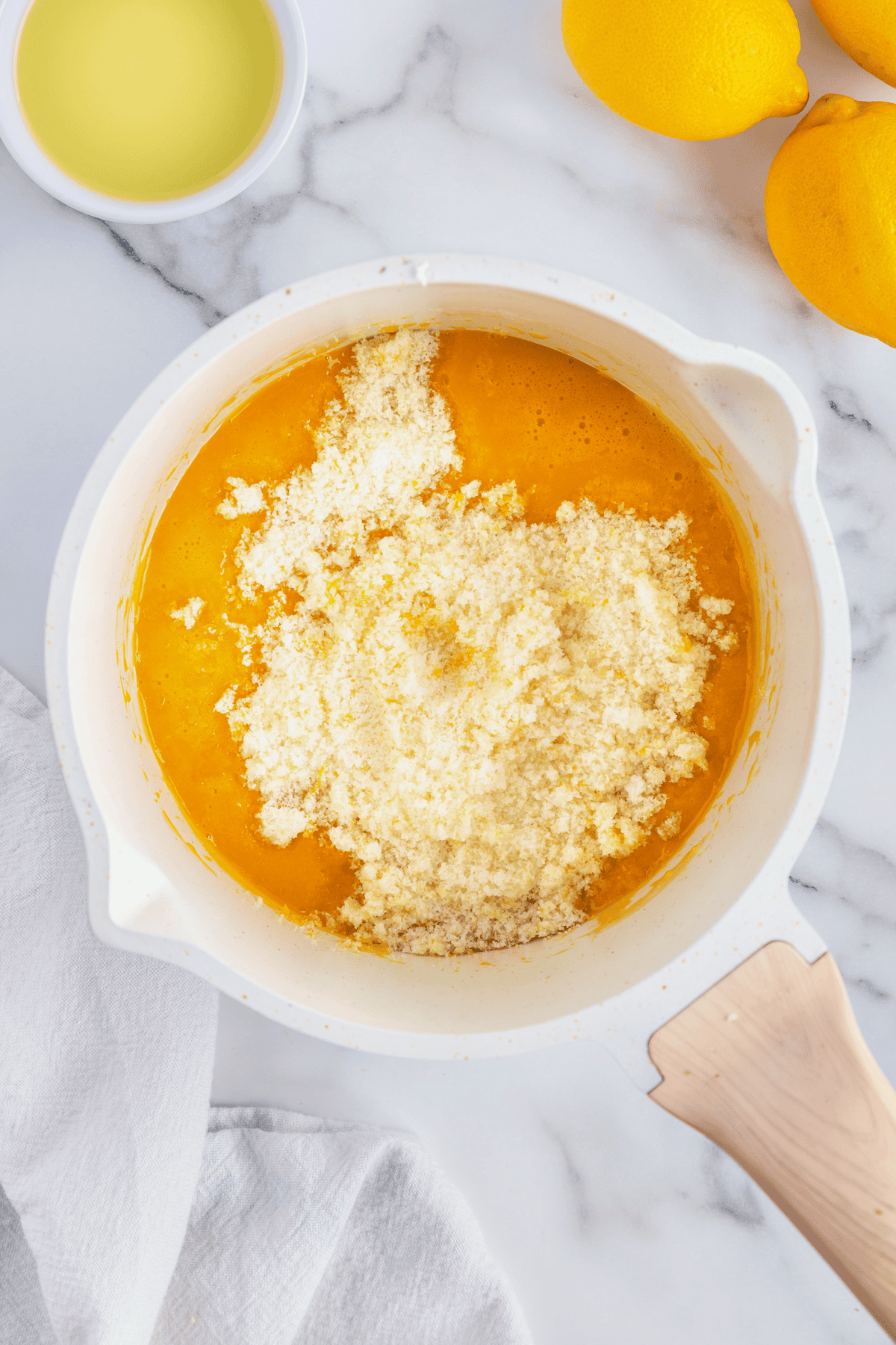 lemon curd ingredients in a saucepan