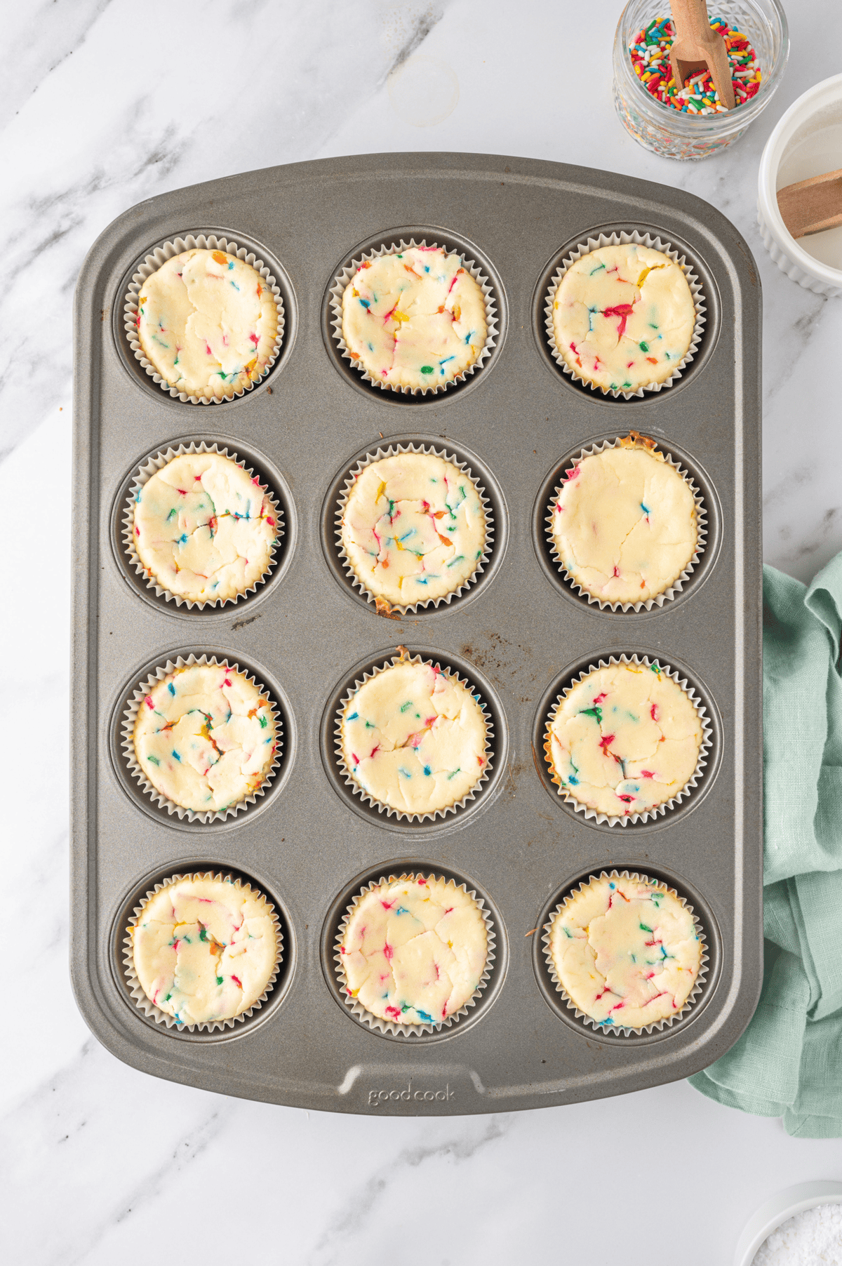 baked mini funfetti cheesecakes in cupcake pan