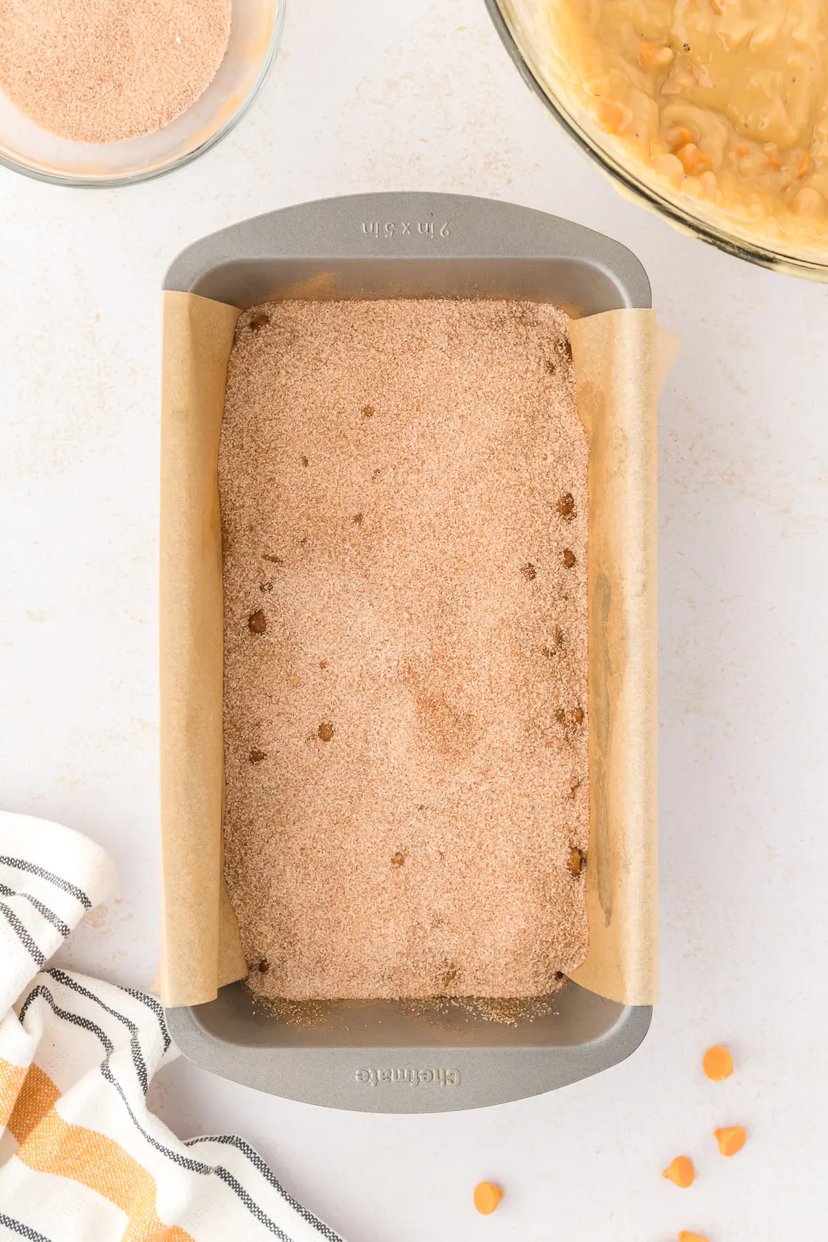 cinnamon sugar sprinkled on top of butterscotch bread