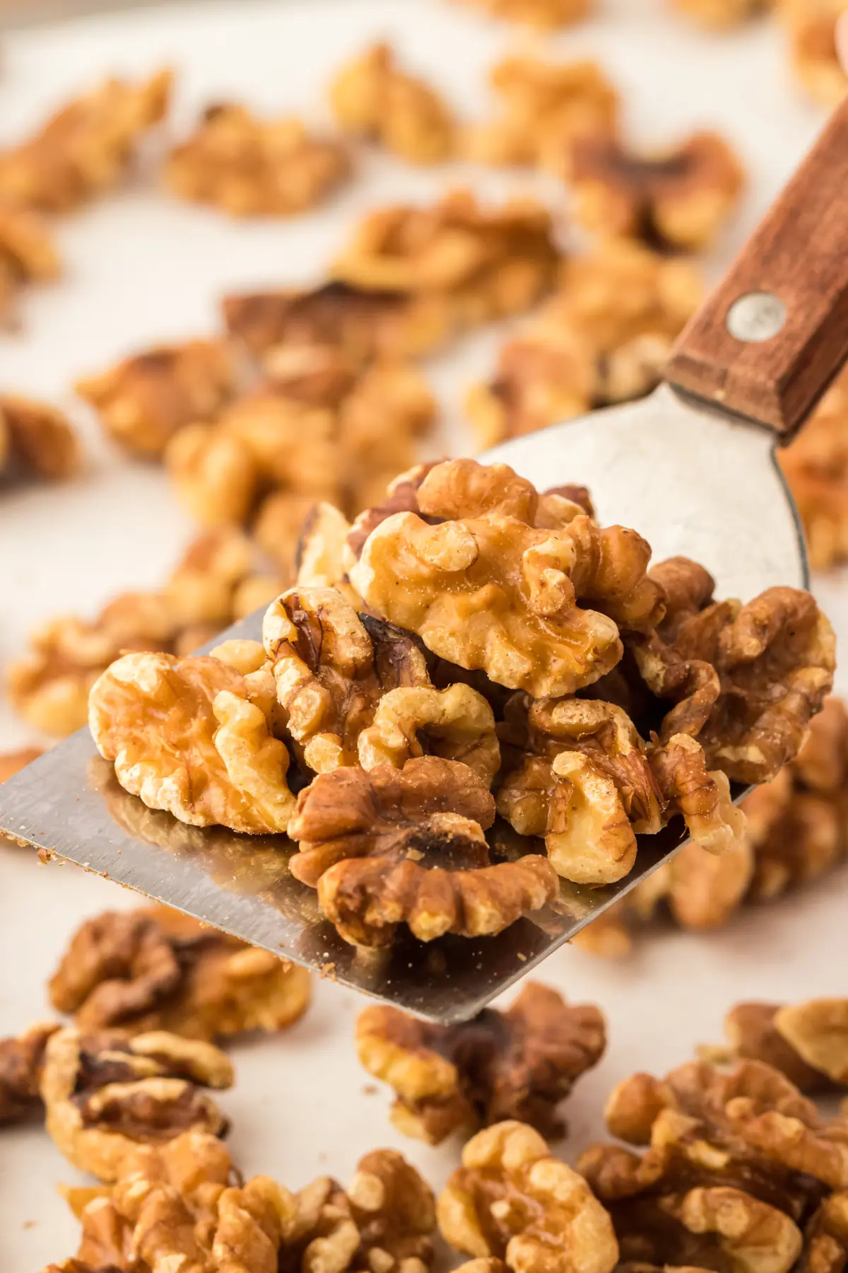 spatula holding a bunch of walnut halves