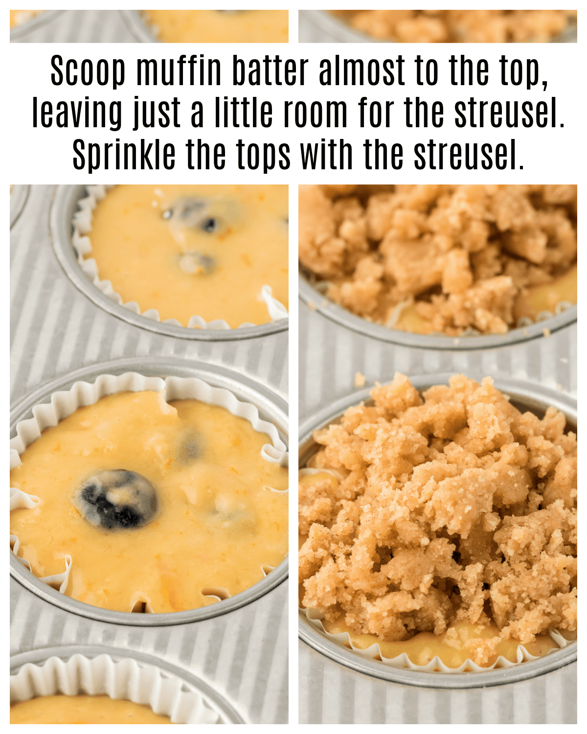 muffin batter scooped into paper liners and topped with streusel topping