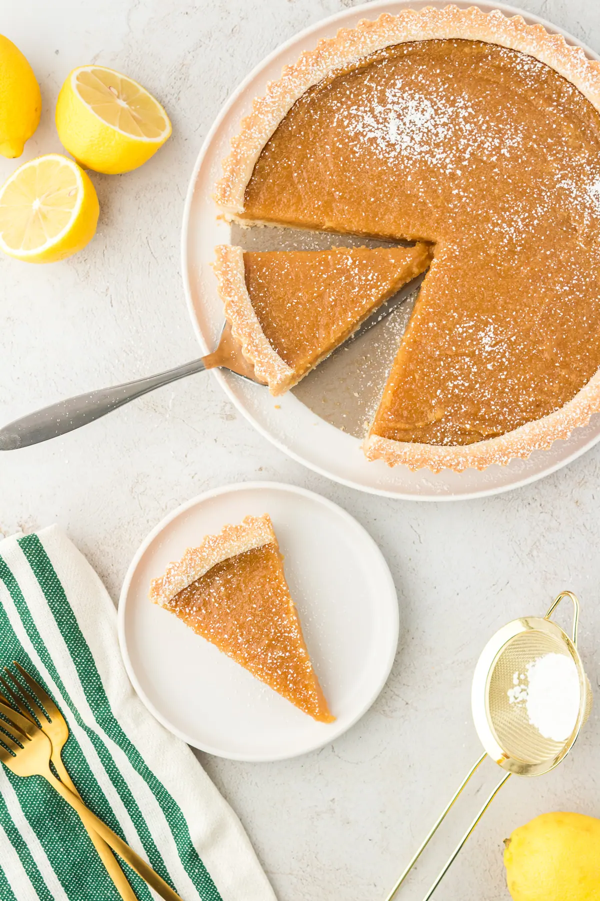 treacle tart, and a slice on a plate