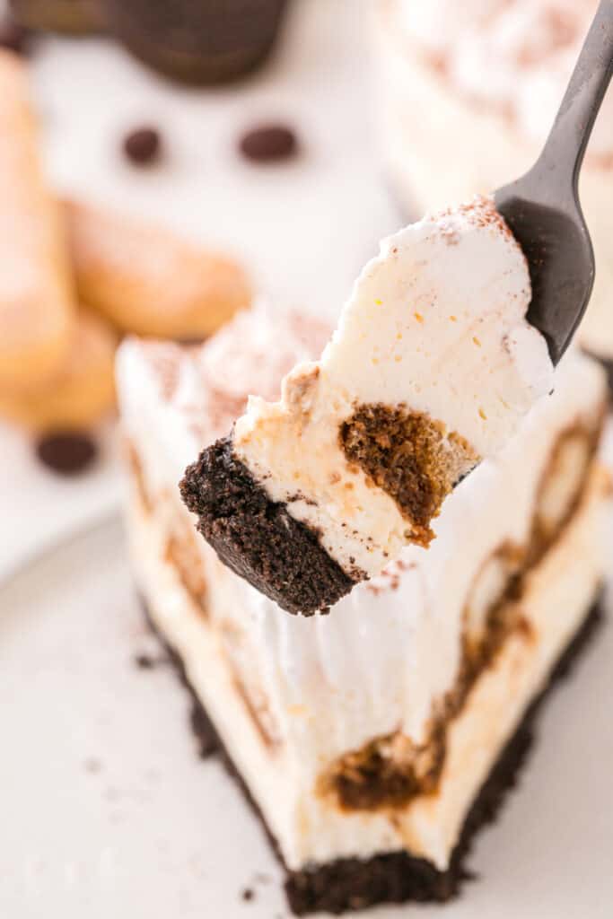 fork holding a bite of tiramisu cheesecake
