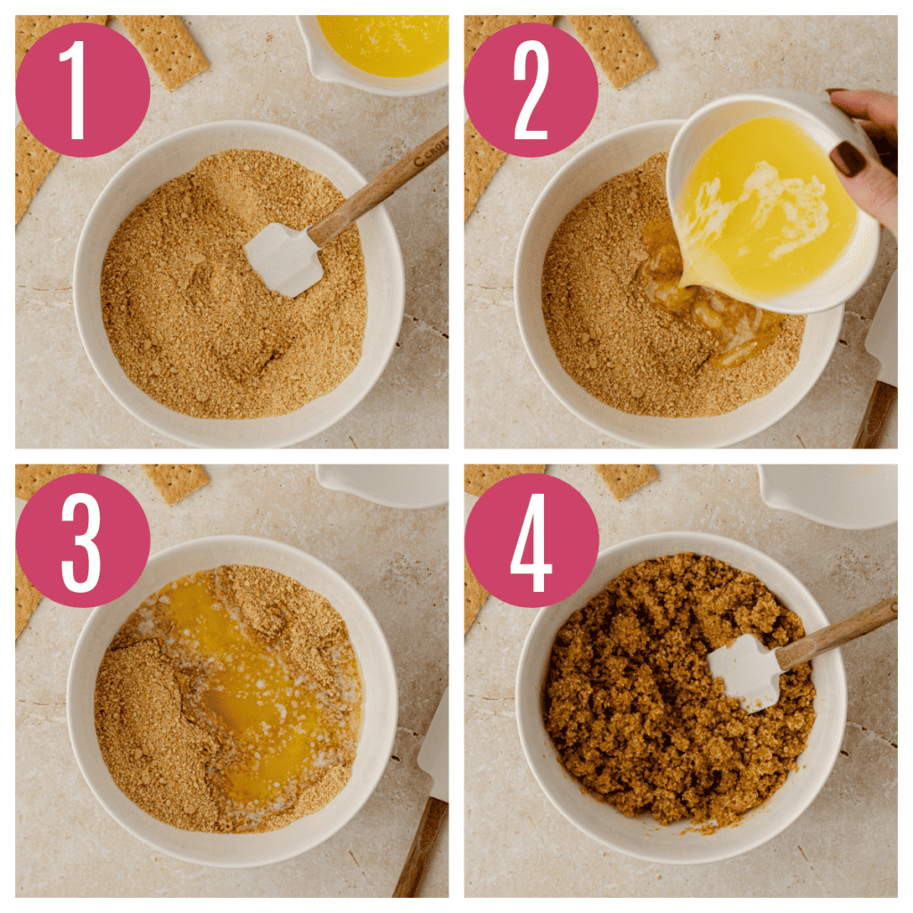 four photos of showing how to make graham cracker crust