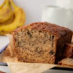 buttermilk banana bread cut in half