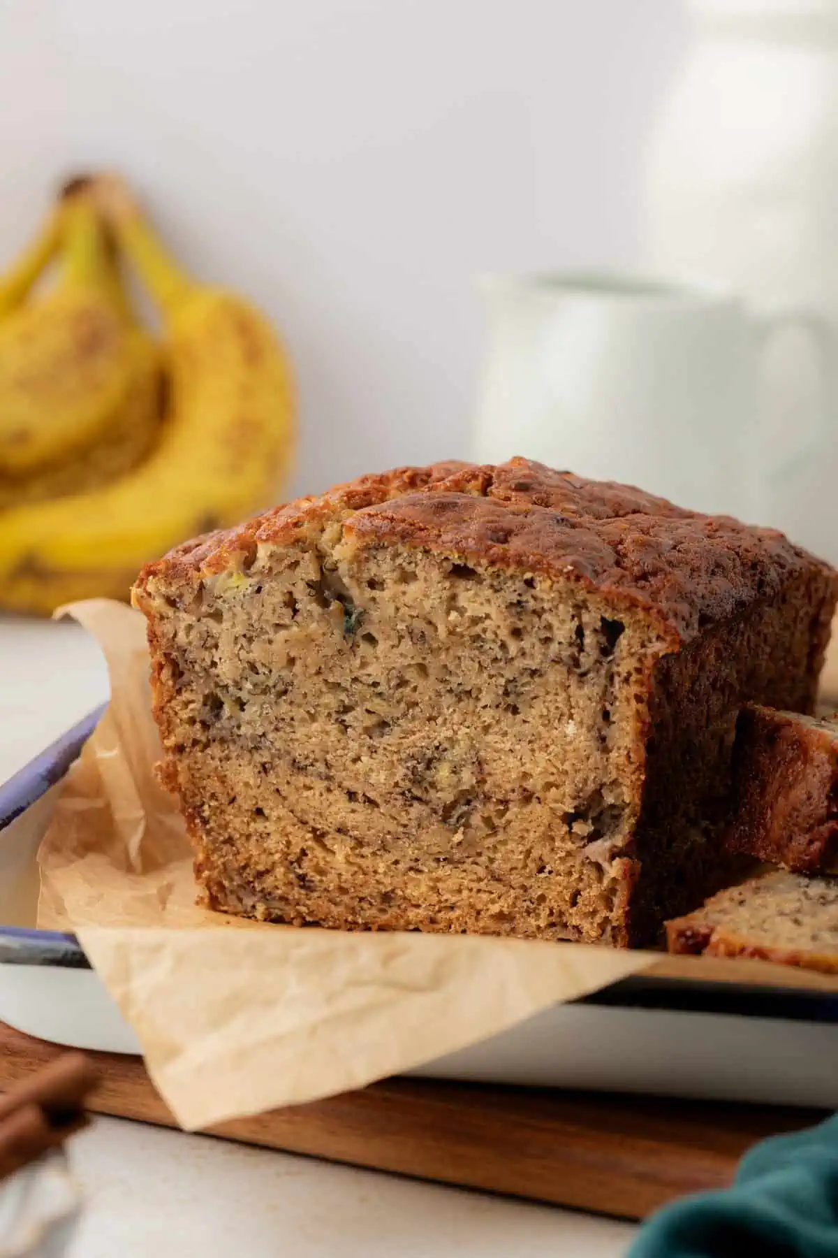 buttermilk banana bread cut in half