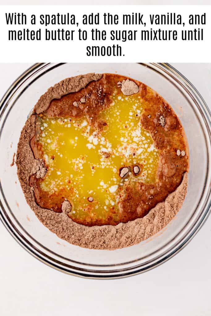 wet ingredients added to dry ingredients for chocolate cobbler cake batter