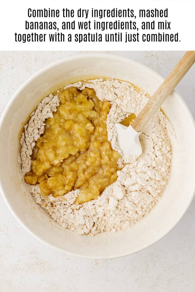 wet and dry ingredients, and mashed bananas in a bowl