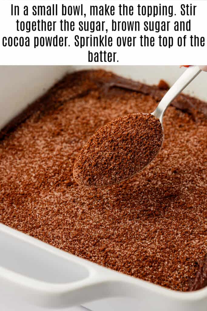 sugar topping sprinkled over chocolate cobbler batter
