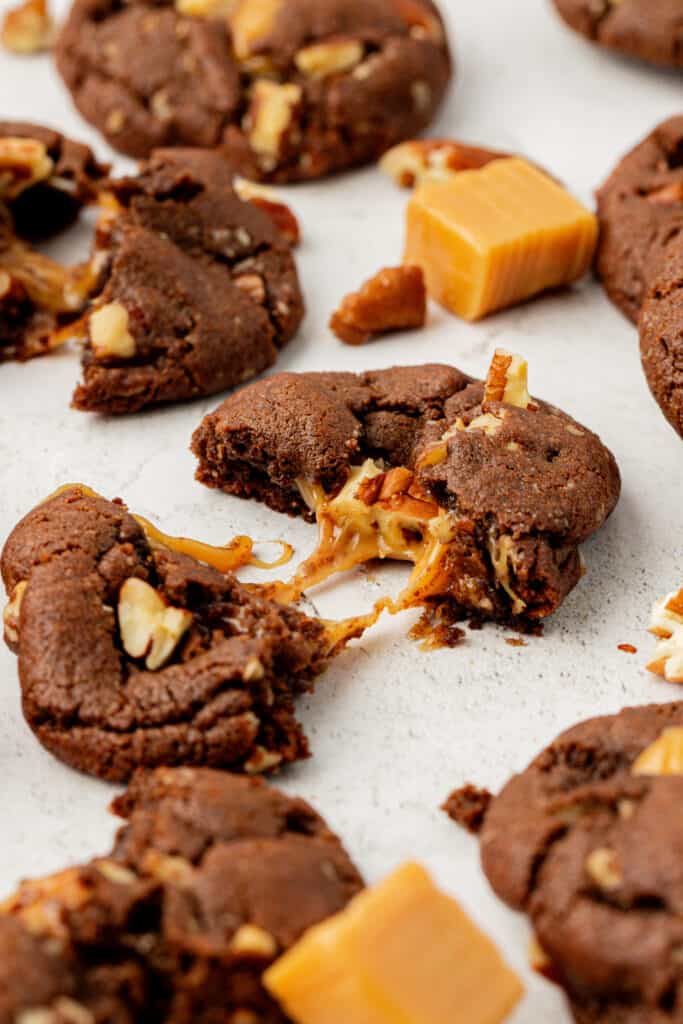 chocolate turtle cookie pulled apart