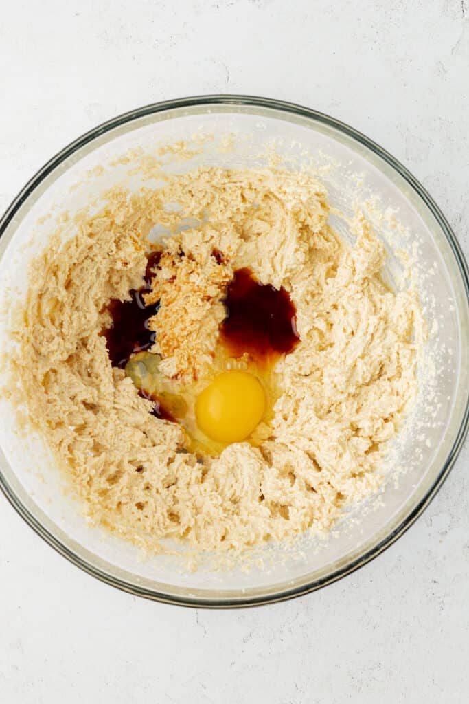 vanilla and egg added to butter and sugar mixture