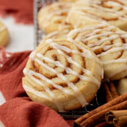 cinnamon roll cookies on a wire rack