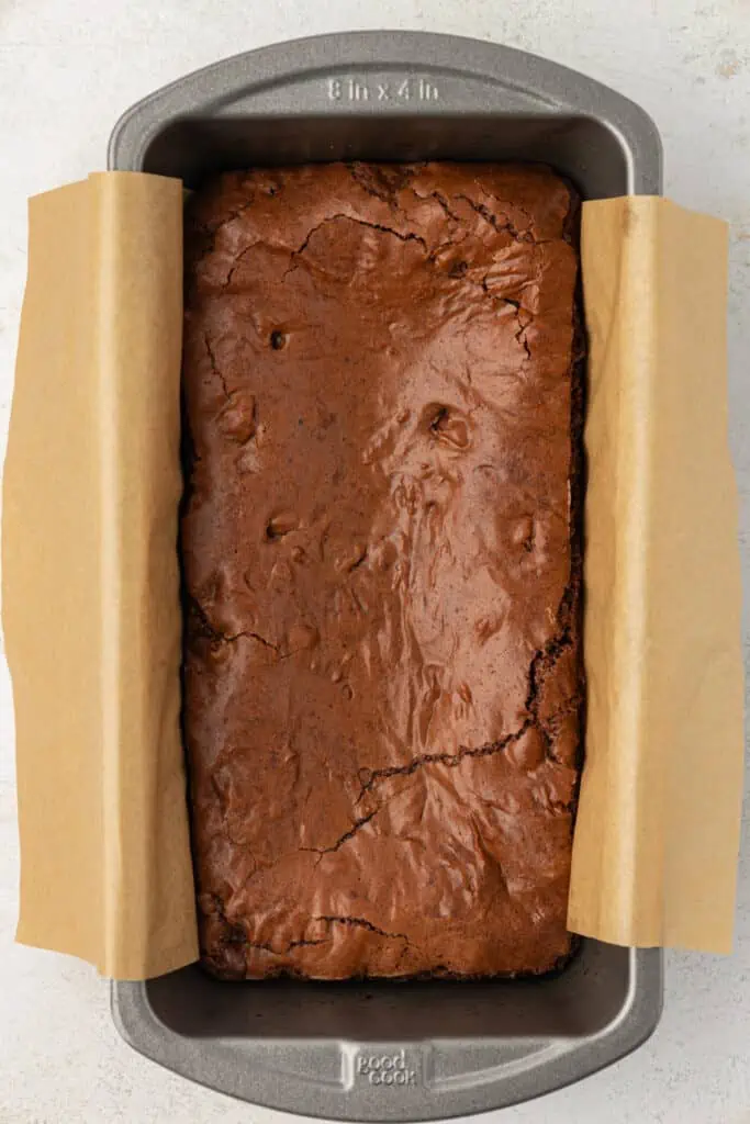 baked small batch brownies in a loaf pan