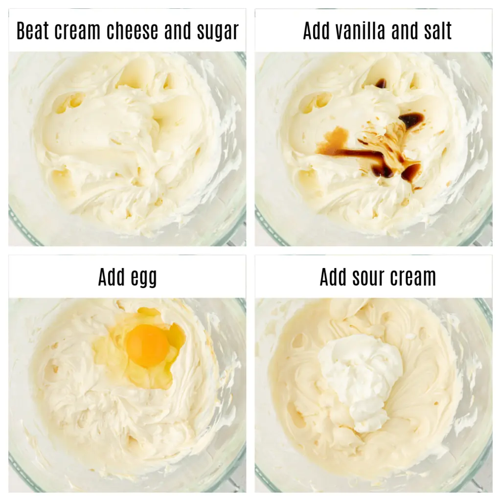four step by step photos of making cheesecake batter