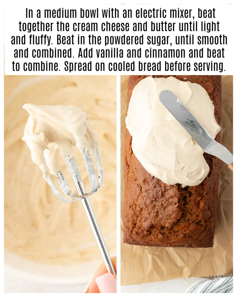 cream cheese frosting being spread on top of carrot bread