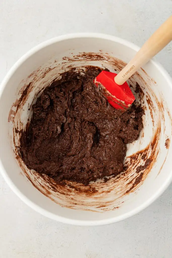 chocolate cake donut batter in a bowl