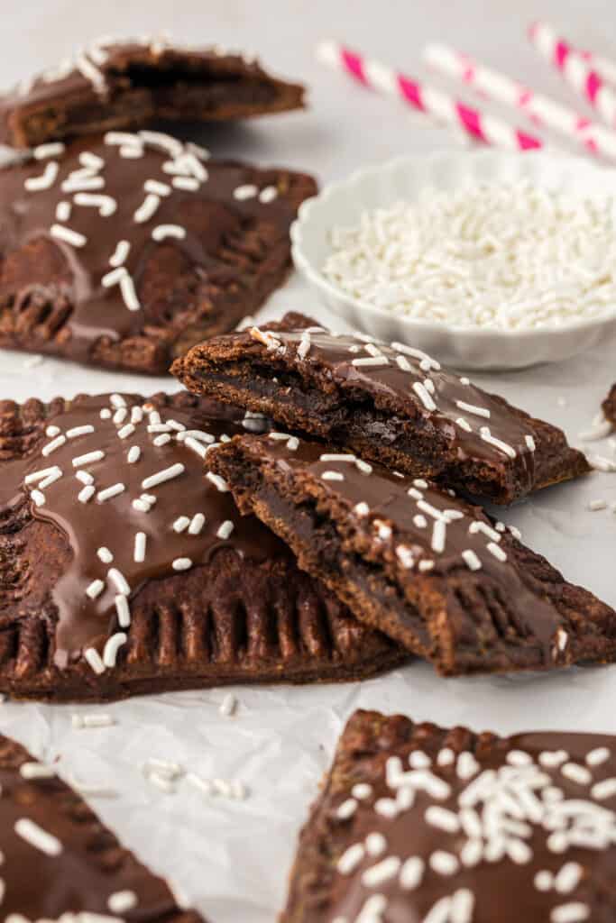chocolate fudge pop tart cut in half