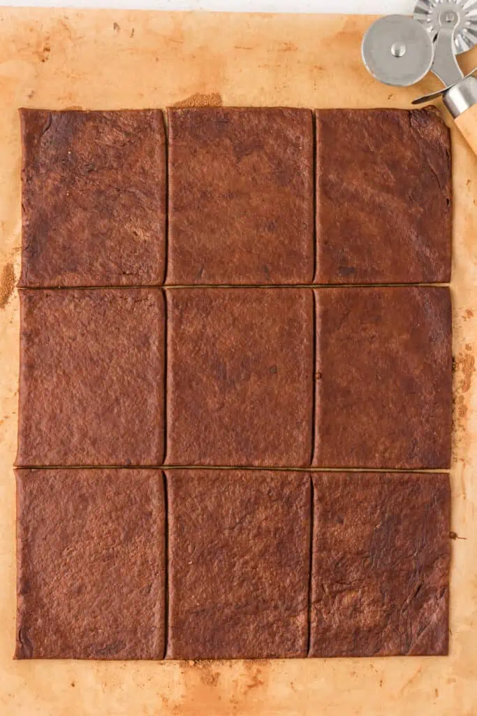 chocolate pie dough cut into nine rectangles