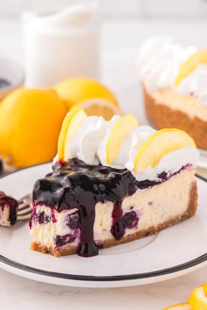 slice of lemon blueberry cheesecake on a plate 
