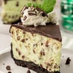 slice of chocolate mint cheesecake on a plate