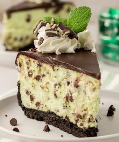 slice of chocolate mint cheesecake on a plate