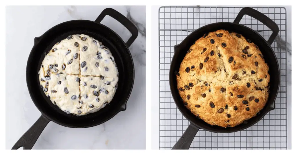irish soda bread scored and baked in a cast iron