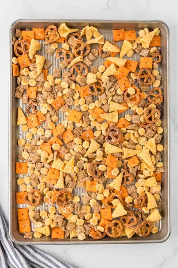 ranch chex mix on a baking sheet