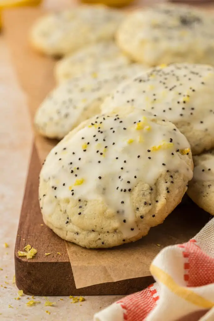 lemon poppyseed cookies on a cutting board