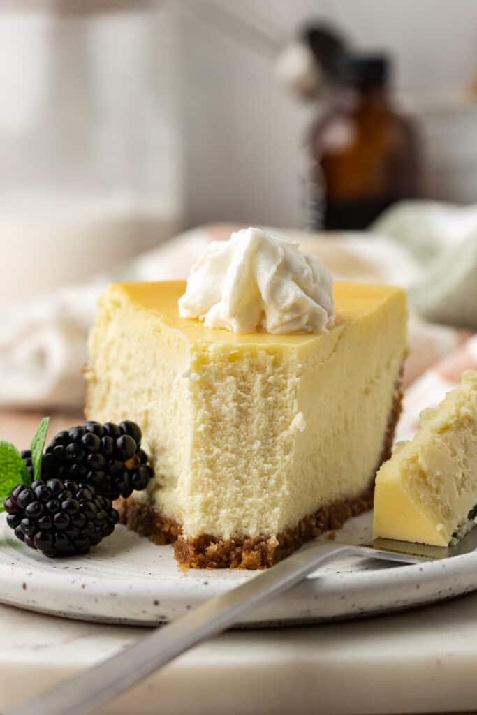 slice of vanilla cheesecake with a bite missing