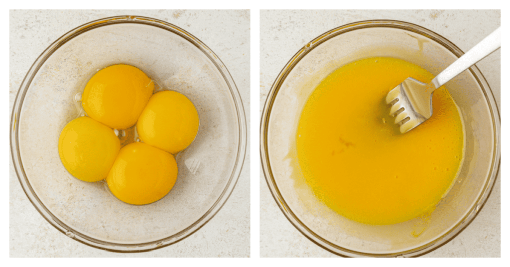 four egg yolks whisked in a bowl