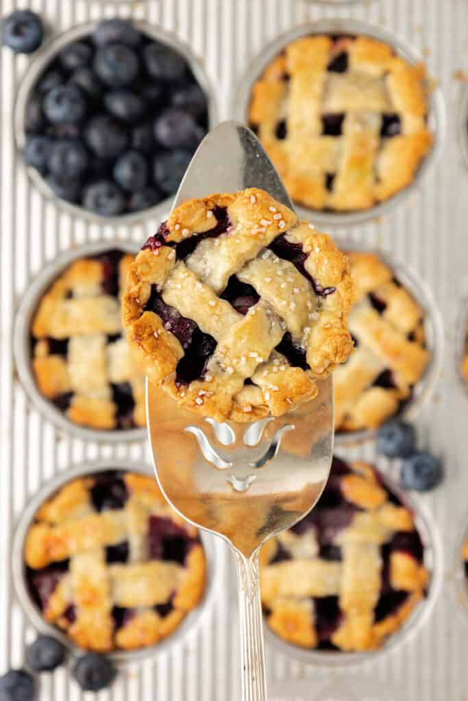 baked mini blueberry pies in a muffin tin and one pie held on a cake server