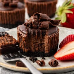 mini chocolate cheesecake and a fork on a plate