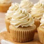 small batch vanilla cupcakes topped with vanilla frosting