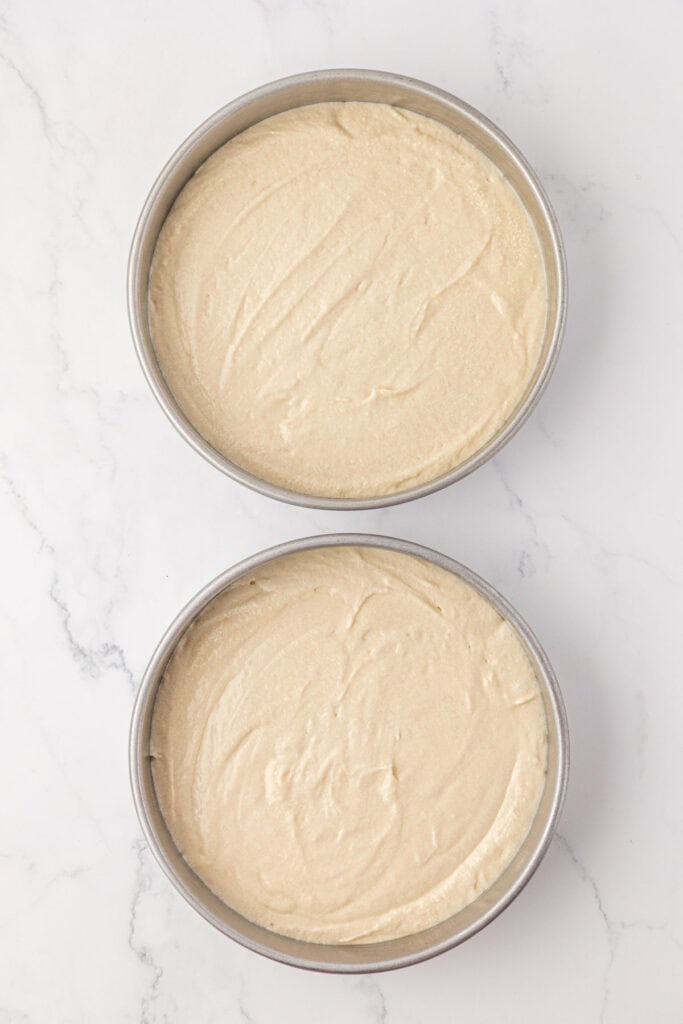 two cake pans filled with cake batter