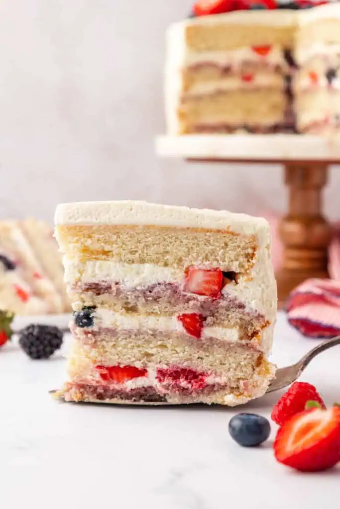 slice of chantilly cake upright on a plate