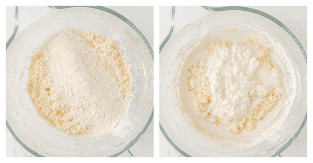 dry ingredients alternated with sour cream and milk mixture