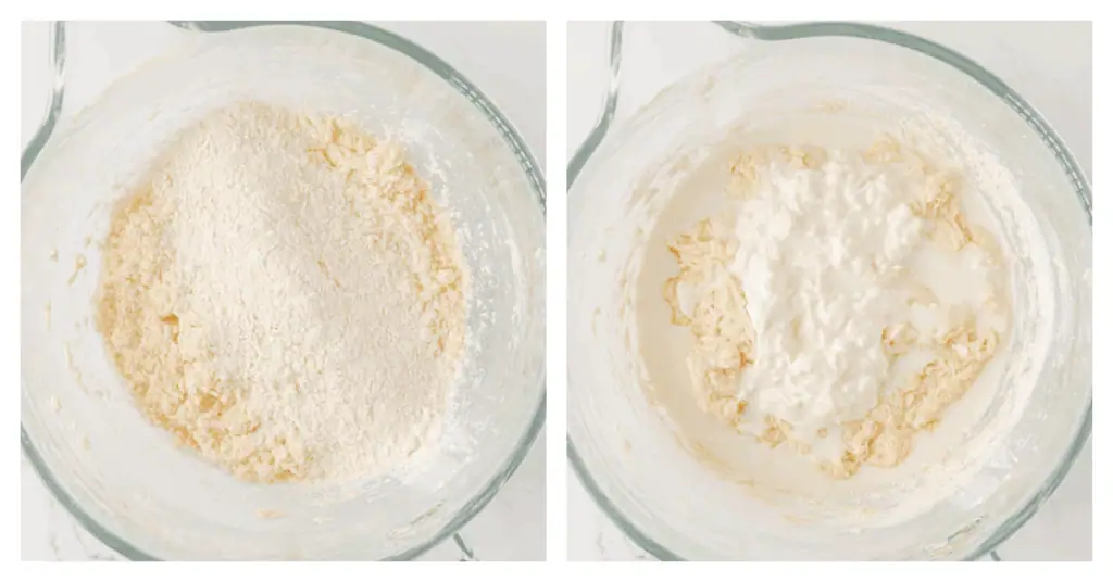 dry ingredients alternated with sour cream and milk mixture