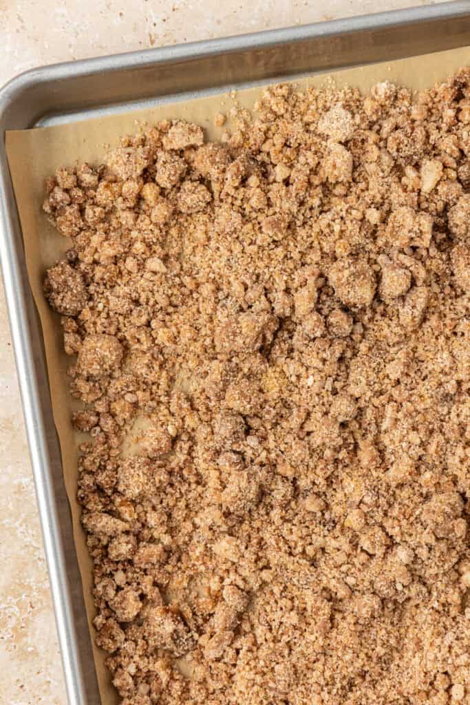 baked streusel on a baking sheet