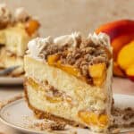slice of peach cobbler cheesecake