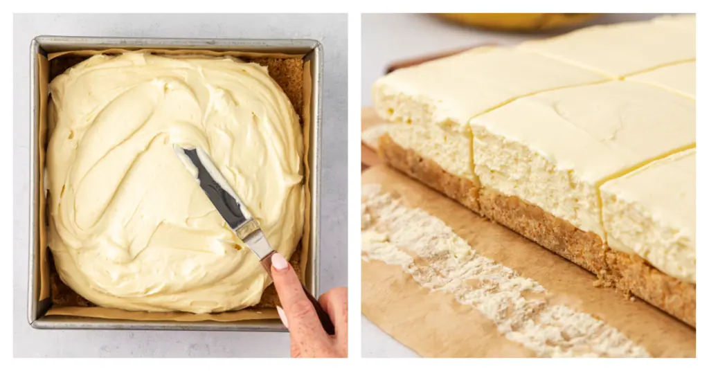 banana pudding cheesecake mixture spread into pan and then cut into squares