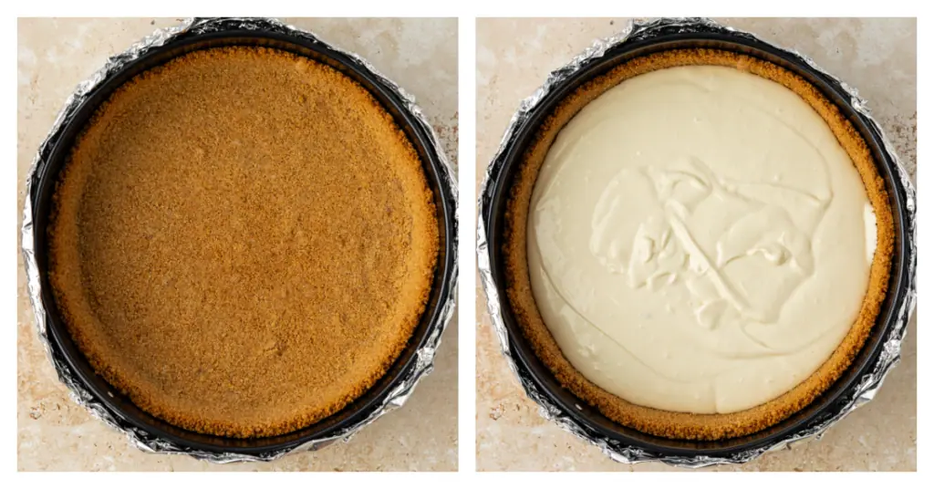 cheesecake batter added to graham cracker crust in pan