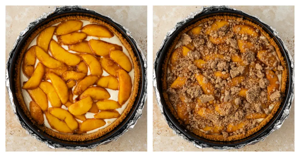 cheesecake layered with peaches and streusel
