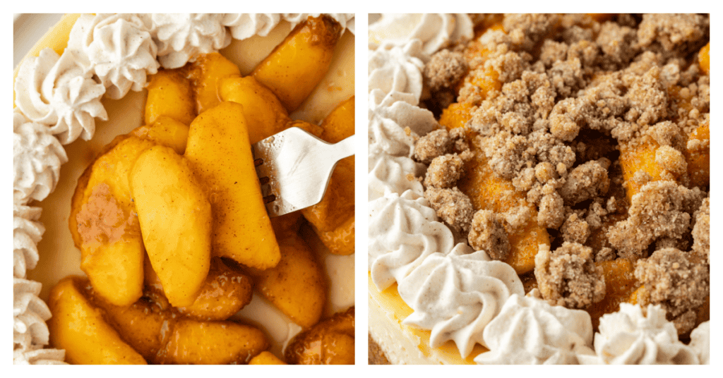 peach crumble cheesecake topped with peaches and streusel