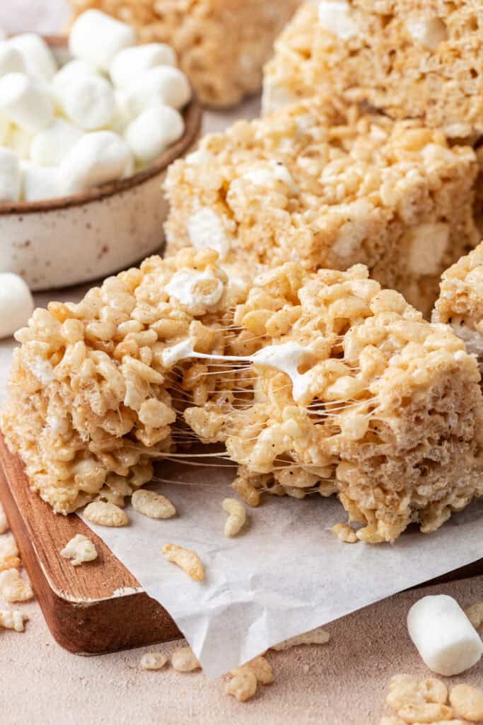 brown butter rice krispie treat pulled apart